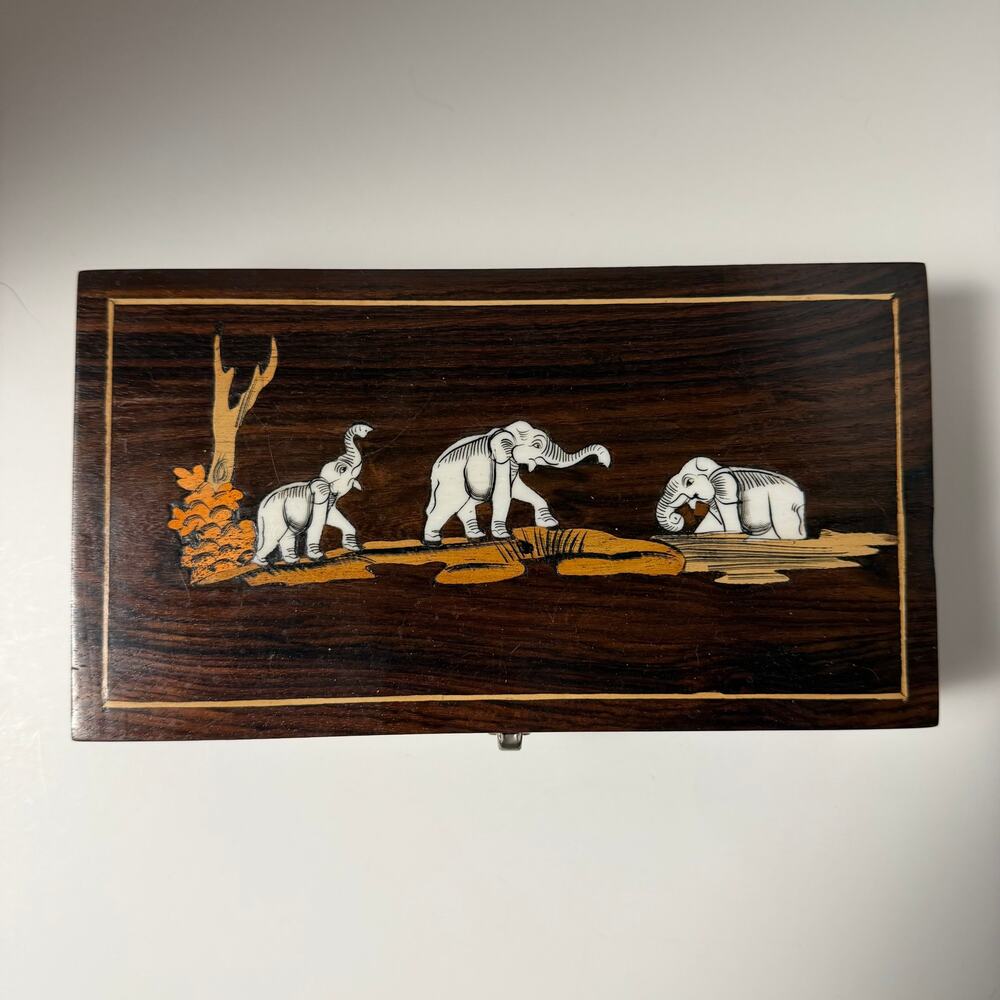 VTG Wood Inlay Elephant Jewelry Box Handmade Trinket Blue Velvet Lined 9 inch‎